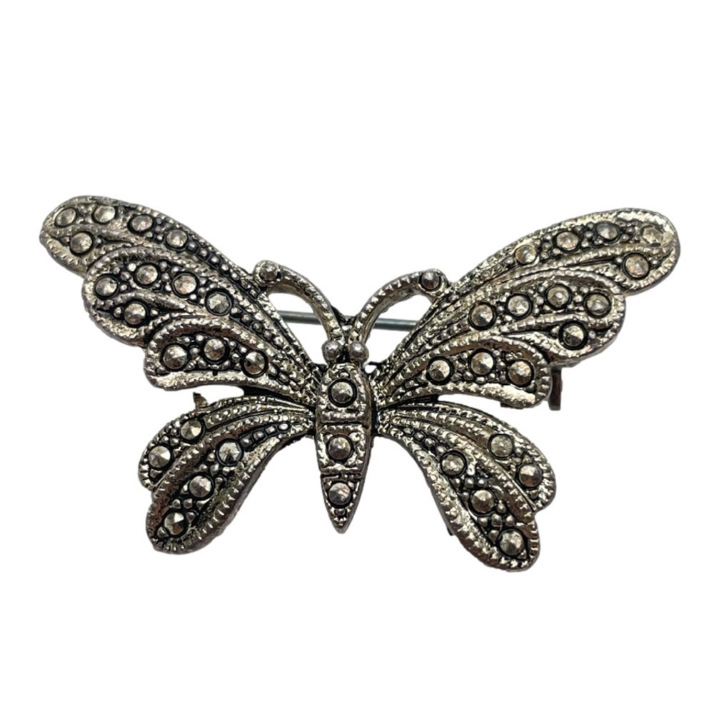 Vintage Marcasite Silver Tone Butterfly Brooch